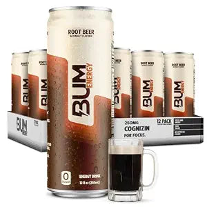 BUM Sugar-Free Energy Drink, Root Beer - Lightly Carbonated & No Artificial Colors, Natural Caffeine & Citicoline for Energy & Focus, Brain Boost & Workout Sports Beverage - 12 oz, Pack of 12