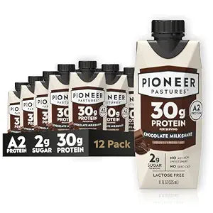 Pioneer Pastures - High Protein A2 Milkshakes - Chocolate - A2 Nutritional Milk, 30g Protein, 2g Sugar, No Artificial Sweeteners, No Seed Oils - All-Natural, Breakfast Shake, Meal Replacement, Workout - 11oz, 12 Pack
