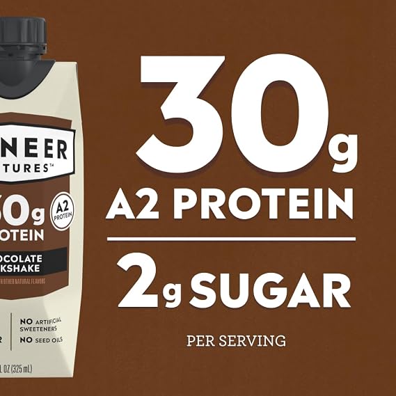 Pioneer Pastures - High Protein A2 Milkshakes - Chocolate - A2 Nutritional Milk, 30g Protein, 2g Sugar, No Artificial Sweeteners, No Seed Oils - All-Natural, Breakfast Shake, Meal Replacement, Workout - 11oz, 12 Pack