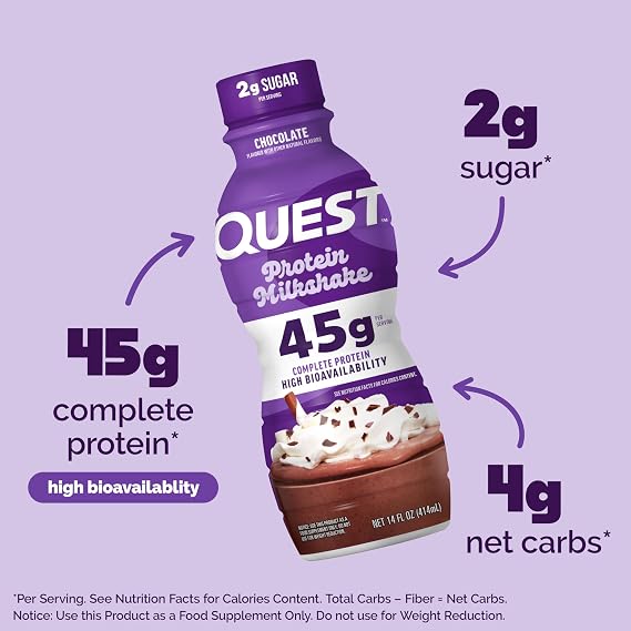 Quest Nutrition Chocolate Protein Shake, 45g Protein, 2g Sugar, 4g Net Carbs, Ready to Drink, Gluten Free, 4 Count