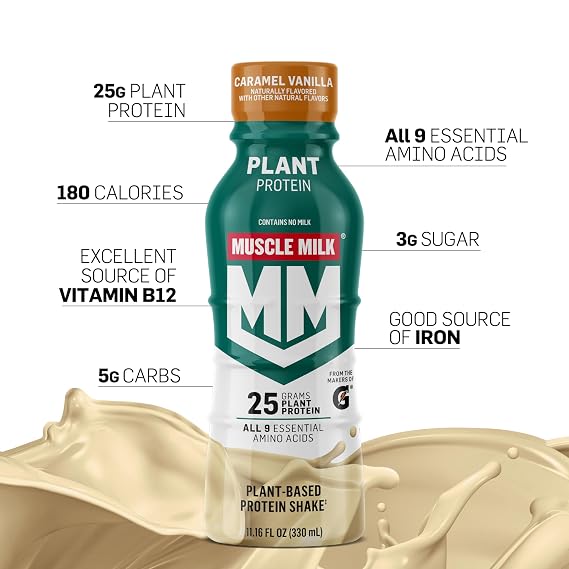 Muscle Milk Plant Based Protein Shake, Vanilla Caramel, 11.16 Fl Oz (Pack of 12)