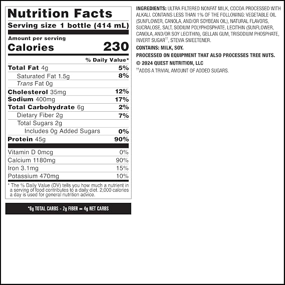 Quest Nutrition Chocolate Protein Shake, 45g Protein, 2g Sugar, 4g Net Carbs, Ready to Drink, Gluten Free, 4 Count