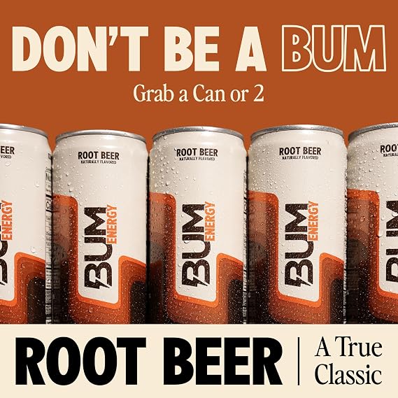 BUM Sugar-Free Energy Drink, Root Beer - Lightly Carbonated & No Artificial Colors, Natural Caffeine & Citicoline for Energy & Focus, Brain Boost & Workout Sports Beverage - 12 oz, Pack of 12