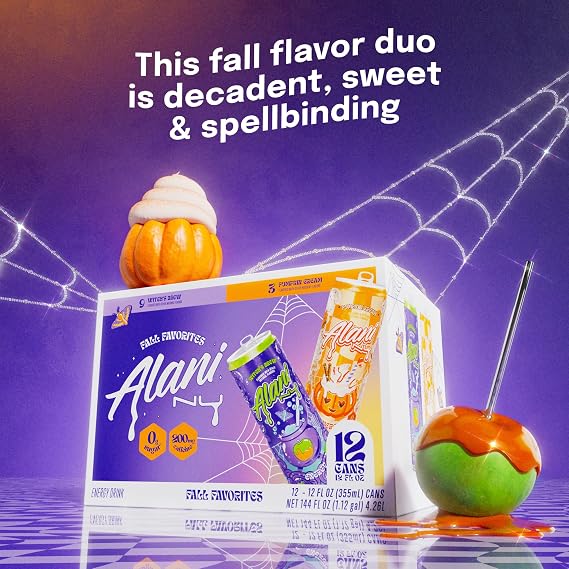 Alani Nu VARIETY PACK - WITCH'S BREW & PUMPKIN CREAM Sugar Free, Low Calorie Energy Drinks, 200mg Caffeine, Antioxidants, Biotin B Vitamins, Zero Sugar, 15 Calories or Less, 12 Fl Oz Cans (12 Pack)