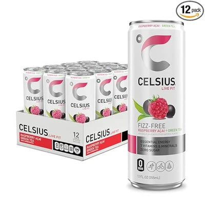 CELSIUS Raspberry Acai Green Tea, Functional Essential Energy Drink 12 Fl Oz (Pack of 12) Packaging may vary