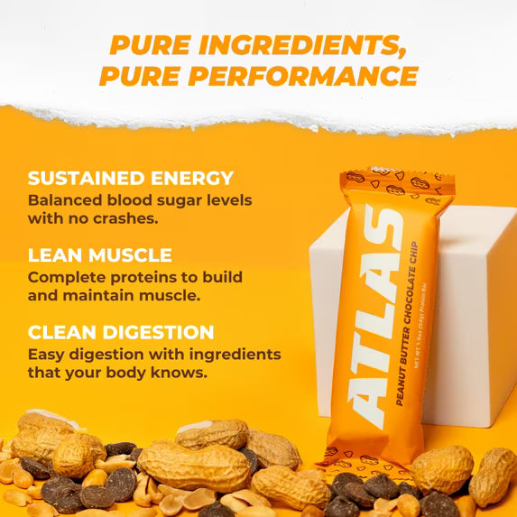 Atlas Protein Bar – 20g Clean Protein, 1g Natural Sugar, No Seed Oils, Gluten Free, No Artificial Sweeteners, Peanut Butter Chocolate Chip, 12 Count