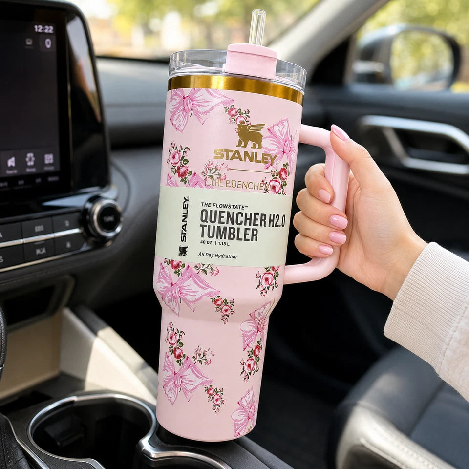 Stanley x LoveShackFancy Holiday Quencher 40 oz Rosa Beaux Pink Insulated Tumbler with Handle & Straw