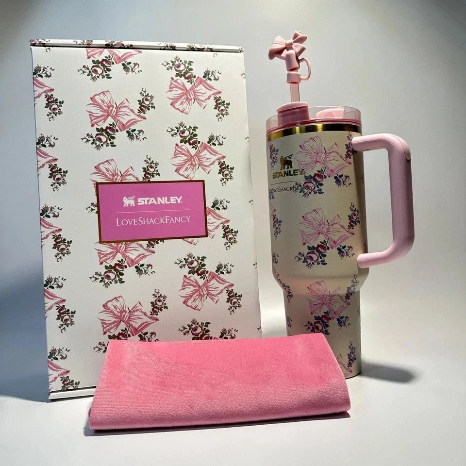 Stanley x LoveShackFancy Holiday Quencher 40 oz Rosa Beaux Pink Insulated Tumbler with Handle & Straw