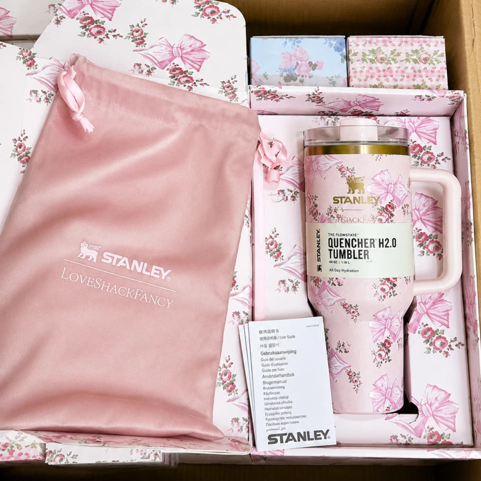 Stanley x LoveShackFancy Holiday Quencher 40 oz Rosa Beaux Pink Insulated Tumbler with Handle & Straw